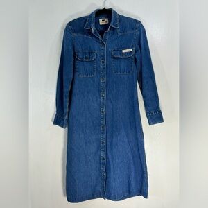 Vtg  70s Calvin Klein  Indigo lightweight blue denim midi dress.4 pockets.S-7/8